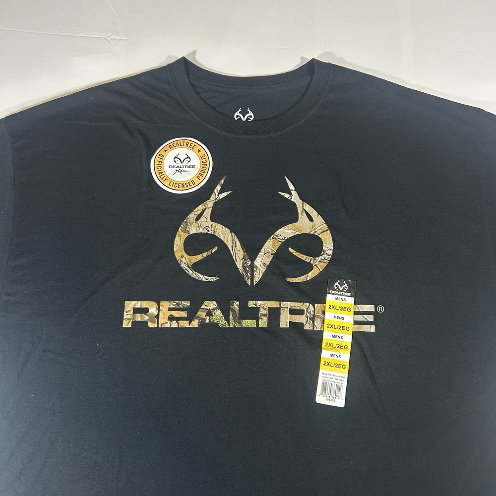 Realtree Men's Black Short Sleeve Camo Antler Logo Tee Shirt‎ - 2XL NWT